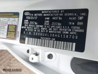 2017 Kia Optima EX with VIN 5XXGU4L38HG158709, listed as a IAAI auction lot 41949488 with 100,965 mi miles. Bid and sale history available at carsss.com. Image 9.