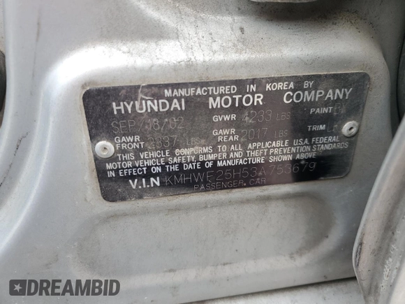 2003 Hyundai Sonata with VIN KMHWF25H53A753679, listed as a Copart auction lot 84063614 with 179,175 mi miles and Salvage Title. Bid and sale history available at carsss.com. Image 12.