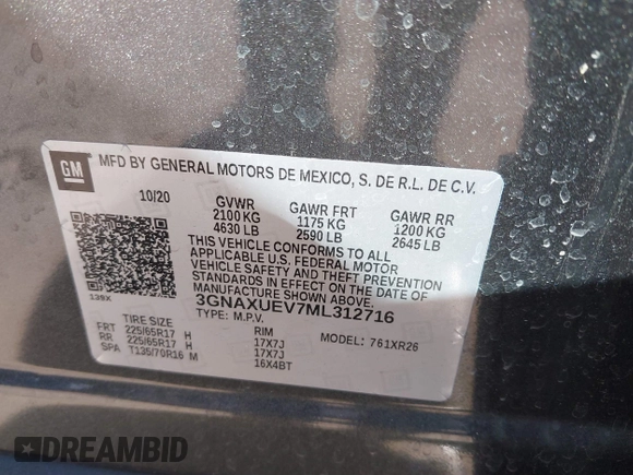 2021 Chevrolet Equinox LT with VIN 3GNAXUEV7ML312716, listed as a IAAI auction lot 41675270 with 47,887 mi miles and . Bid and sale history available at DreamBid. Image 9.