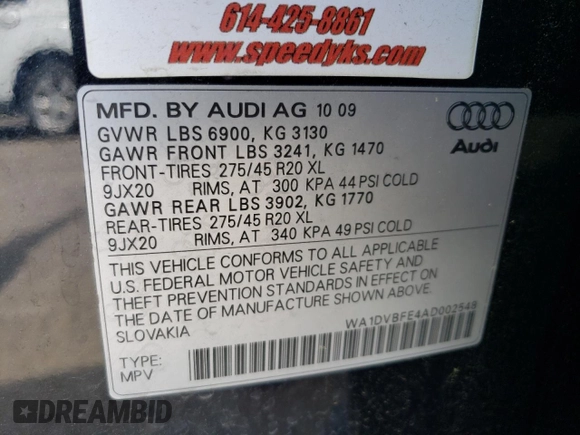 2010 Audi Q7 with VIN WA1DVBFE4AD002548, listed as a Copart auction lot 58854975 with 151,437 mi miles and Salvage title. Bid and sale history available at DreamBid. Image 13.