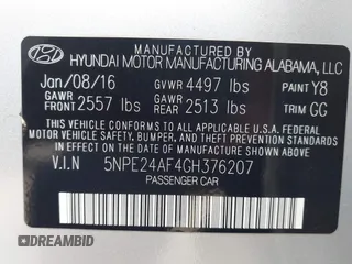 2016 Hyundai Sonata SE with VIN 5NPE24AF4GH376207, listed as a IAAI auction lot 42140797 with 133,138 mi miles and . Bid and sale history available at DreamBid. Image 9.