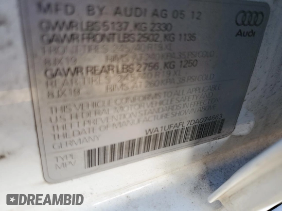 2013 Audi allroad Premium Plus with VIN WA1UFAFL7DA074663, listed as a Copart auction lot 75229164 with 113,917 mi miles and Salvage Title. Bid and sale history available at carsss.com. Image 12.