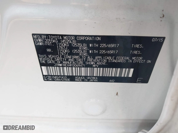 2015 Toyota RAV4 XLE with VIN JTMWFREV4FD069471, listed as a IAAI auction lot 41854384 with 168,663 mi miles. Bid and sale history available at carsss.com. Image 9.