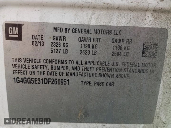 2013 Buick LaCrosse Premium 1 with VIN 1G4GG5E31DF260951, listed as a Copart auction lot 49070785 with 155,909 mi miles and Salvage title. Bid and sale history available at DreamBid. Image 13.