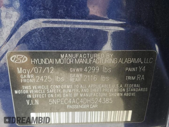 2013 Hyundai Sonata Limited with VIN 5NPEC4AC4DH524385, listed as a Copart auction lot 54438805 with 118,484 mi miles and Salvage Title. Bid and sale history available at DreamBid. Image 12.
