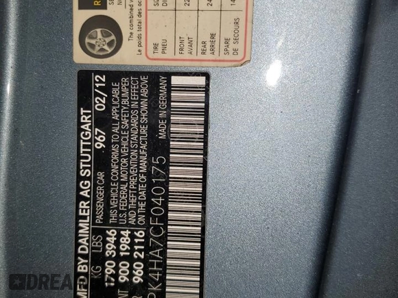 2012 Mercedes-Benz SLK 250 with VIN WDDPK4HA7CF040175, listed as a Copart auction lot 57116865 with 75,060 mi miles and Salvage title. Bid and sale history available at DreamBid. Image 12.