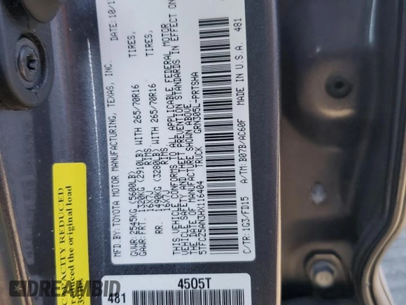 2017 Toyota Tacoma SR5 with VIN 5TFCZ5AN3HX116404, listed as a Copart auction lot 50578545 with 82,730 mi miles and Salvage Title. Bid and sale history available at carsss.com. Image 12.