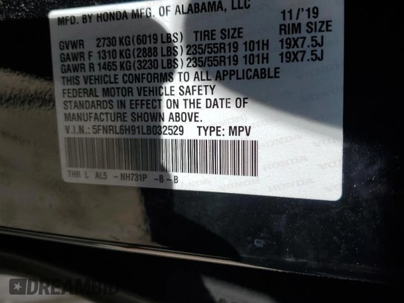2020 Honda Odyssey Elite with VIN 5FNRL6H91LB032529, listed as a Copart auction lot 47424275 with 54,500 mi miles and Salvage Title. Bid and sale history available at DreamBid. Image 13.