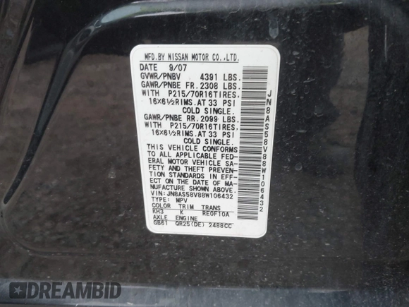 2008 Nissan Rogue SL with VIN JN8AS58V88W106432, listed as a IAAI auction lot 41967337 with 155,830 mi miles and . Bid and sale history available at DreamBid. Image 9.