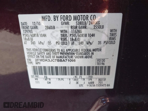 2011 Ford Edge SEL with VIN 2FMDK3JC7BBA71098, listed as a IAAI auction lot 41937556 with 152,792 mi miles. Bid and sale history available at carsss.com. Image 9.