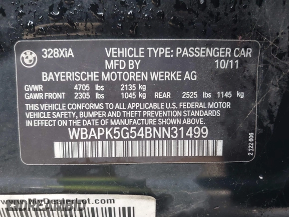 2011 BMW 3 Series 328i xDrive with VIN WBAPK5G54BNN31499, listed as a IAAI auction lot 42577408 with 154,794 mi miles and . Bid and sale history available at DreamBid. Image 9.