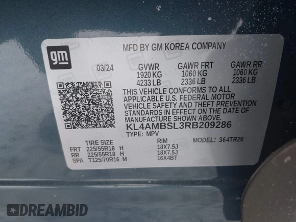 2024 Buick Encore GX Preferred with VIN KL4AMBSL3RB209286, listed as a IAAI auction lot 41371423 with 7,646 mi miles and . Bid and sale history available at DreamBid. Image 9.