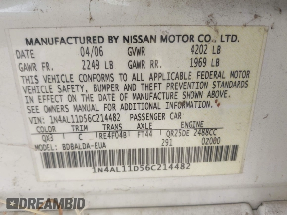 2006 Nissan Altima 2.5 S with VIN 1N4AL11D56C214482, listed as a IAAI auction lot 42028305 with 1 mi miles. Bid and sale history available at carsss.com. Image 9.