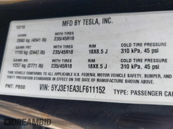 2020 Tesla Model 3 Standard Range Plus z VIN 5YJ3E1EA3LF611152, wystawiony jako IAAI lot #42256503 z przebiegiem 78 633 mil mil oraz . Historia ofert i sprzedaży dostępna na DreamBid. Obrazek 9.