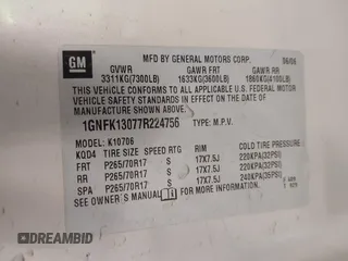 2007 Chevrolet Tahoe LT z VIN 1GNFK13077R224756, wystawiony jako IAAI lot #42620527 z przebiegiem Nie podano mil oraz . Historia ofert i sprzedaży dostępna na DreamBid. Obrazek 9.