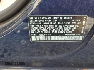 2014 Volkswagen Passat SE with VIN 1VWBT7A36EC095006, listed as a Copart auction lot 63029305 with Not provided miles and Salvage title. Bid and sale history available at DreamBid. Image 12.
