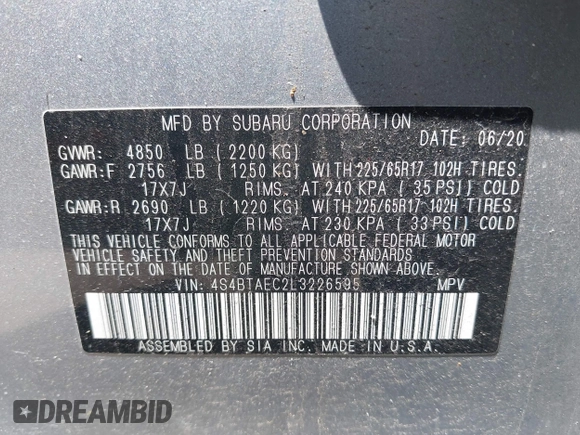 2020 Subaru Outback Premium with VIN 4S4BTAEC2L3226595, listed as a IAAI auction lot 42374094 with 57,369 mi miles and . Bid and sale history available at DreamBid. Image 9.
