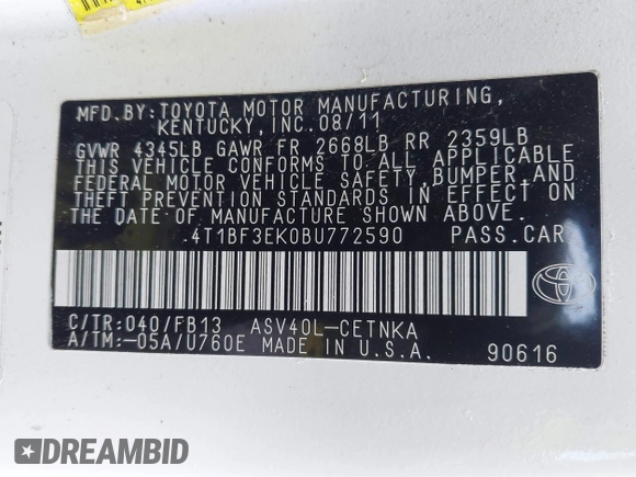 2011 Toyota Camry LE with VIN 4T1BF3EK0BU772590, listed as a IAAI auction lot 41916543 with 213,313 mi miles and . Bid and sale history available at DreamBid. Image 9.