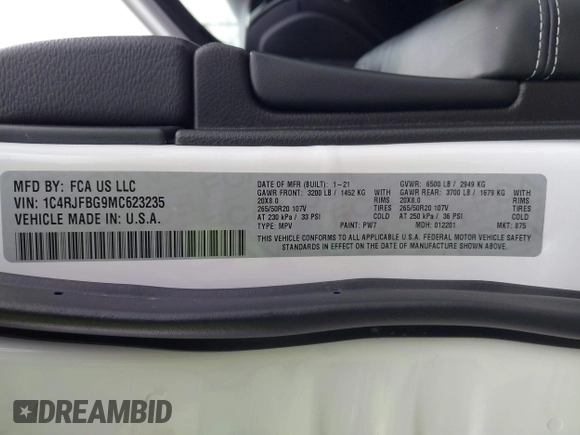2021 Jeep Grand Cherokee Limited X with VIN 1C4RJFBG9MC623235, listed as a IAAI auction lot 41728457 with 38,950 mi miles and . Bid and sale history available at DreamBid. Image 9.