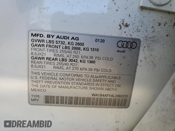 2020 Audi SQ5 Premium Plus with VIN WA1B4AFY4L2062231, listed as a Copart auction lot 67065104 with 54,839 mi miles and Salvage Title. Bid and sale history available at DreamBid. Image 16.