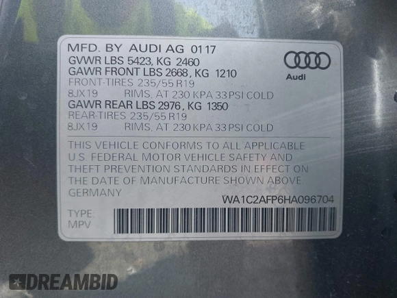 2017 Audi Q5 Premium with VIN WA1C2AFP6HA096704, listed as a IAAI auction lot 41538928 with 57,743 mi miles. Bid and sale history available at carsss.com. Image 9.