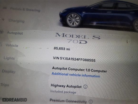2015 Tesla Model S 85D with VIN 5YJSA1S24FF088555, listed as a Copart auction lot 86726754 with 85,653 mi miles and Salvage Title. Bid and sale history available at carsss.com. Image 9.