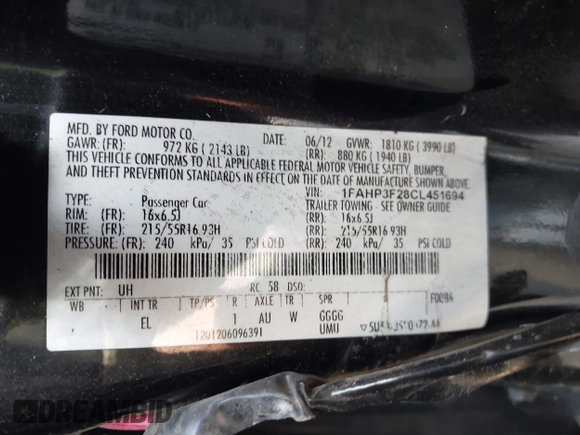 2012 Ford Focus SE with VIN 1FAHP3F28CL451694, listed as a IAAI auction lot 42491774 with Not provided miles and . Bid and sale history available at DreamBid. Image 9.