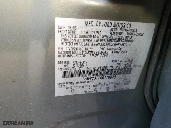 2006 Ford Five Hundred SE with VIN 1FAFP23116G118070, listed as a Copart auction lot 83662444 with 113,189 mi miles and Salvage Title. Bid and sale history available at carsss.com. Image 12.