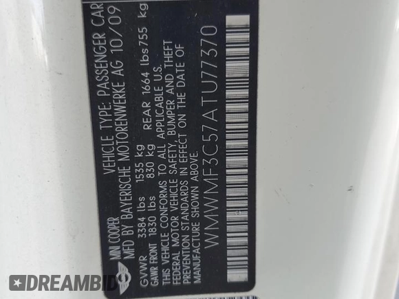 2010 MINI Hardtop with VIN WMWMF3C57ATU77370, listed as a Copart auction lot 50078605 with 187,187 mi miles and Salvage title. Bid and sale history available at DreamBid. Image 12.