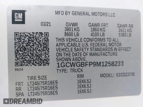 2021 Chevrolet Express Cargo with VIN 1GCWGBFP9M1258233, listed as a IAAI auction lot 41921251 with 96,729 mi miles and . Bid and sale history available at DreamBid. Image 9.