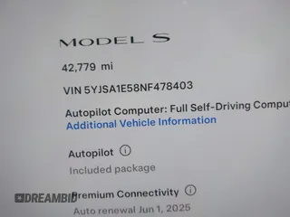 2022 Tesla Model S with VIN 5YJSA1E58NF478403, listed as a IAAI auction lot 41533099 with 42,779 mi miles and . Bid and sale history available at DreamBid. Image 15.