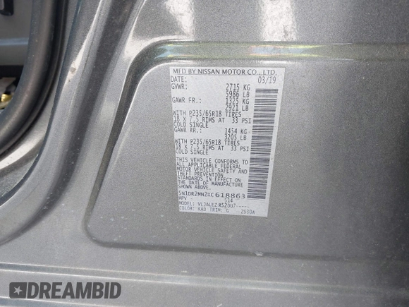 2019 Nissan Pathfinder S with VIN 5N1DR2MN2KC618863, listed as a IAAI auction lot 41922994 with 143,693 mi miles and . Bid and sale history available at DreamBid. Image 9.