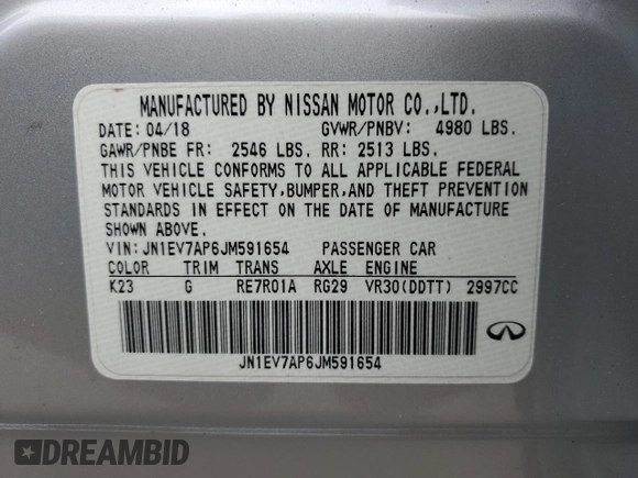 2018 Infiniti Q50 Sport z VIN JN1EV7AP6JM591654, wystawiony jako Copart lot #56889565 z przebiegiem 95 273 mil mil oraz Szkoda całkowita • Salvage title. Historia ofert i sprzedaży dostępna na DreamBid. Obrazek 12.