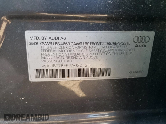 2007 Audi A4 2.0T with VIN WAUBF78E97A020121, listed as a Copart auction lot 44062605 with 101,846 mi miles and Clean Title. Bid and sale history available at carsss.com. Image 12.