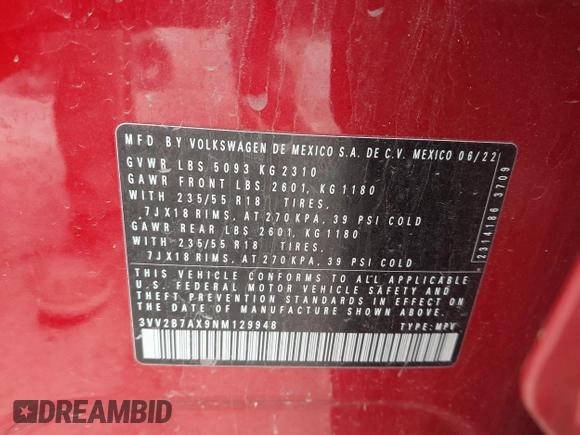 2022 Volkswagen Tiguan SE z VIN 3VV2B7AX9NM129948, wystawiony jako IAAI lot #42247719 z przebiegiem 59 501 mil mil oraz . Historia ofert i sprzedaży dostępna na DreamBid. Obrazek 9.