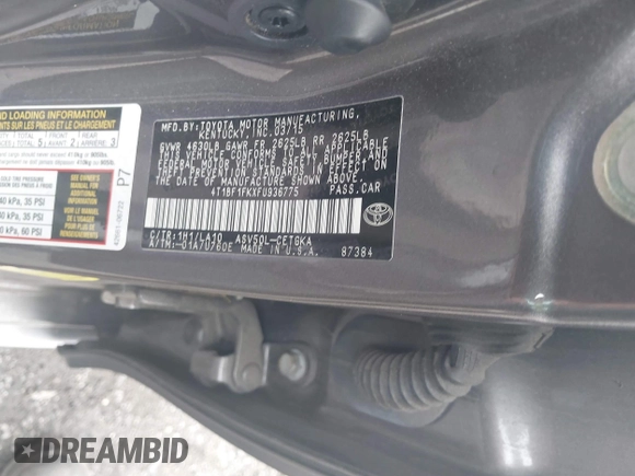 2015 Toyota Camry XLE with VIN 4T1BF1FKXFU936775, listed as a IAAI auction lot 41807486 with 97,148 mi miles and . Bid and sale history available at DreamBid. Image 9.