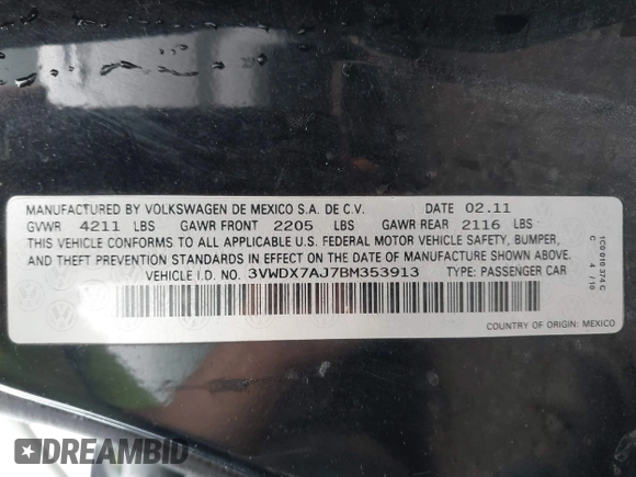 2011 Volkswagen Jetta SE with VIN 3VWDX7AJ7BM353913, listed as a IAAI auction lot 42643516 with 178,943 mi miles and . Bid and sale history available at DreamBid. Image 9.