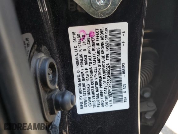 2016 Honda Civic Sedan LX with VIN 19XFC2F53GE082324, listed as a Copart auction lot 52360915 with 78,687 mi miles and Clean Title. Bid and sale history available at carsss.com. Image 12.