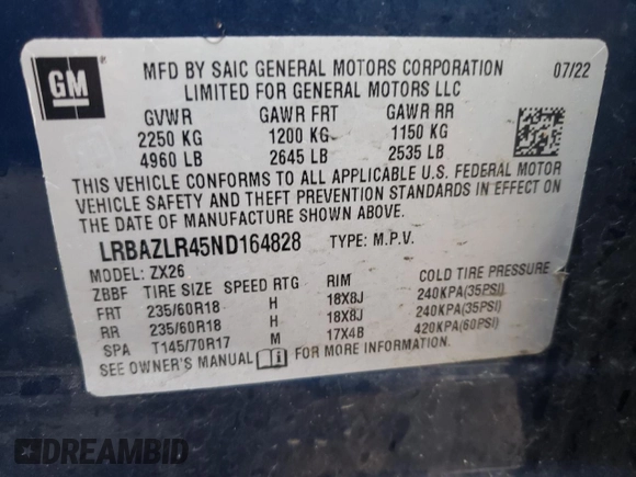 2022 Buick Envision Preferred with VIN LRBAZLR45ND164828, listed as a Copart auction lot 51814185 with 53,303 mi miles and Salvage Title. Bid and sale history available at carsss.com. Image 13.