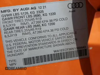 2022 Audi Q3 S line Premium Plus with VIN WA1EECF36N1069443, listed as a Copart auction lot 52742355 with 46,898 mi miles and Salvage title. Bid and sale history available at DreamBid. Image 12.
