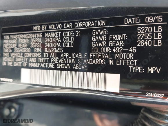2016 Volvo XC60 T5 Platinum with VIN YV4612RMXG2844146, listed as a IAAI auction lot 42109135 with 98,400 mi miles. Bid and sale history available at carsss.com. Image 9.