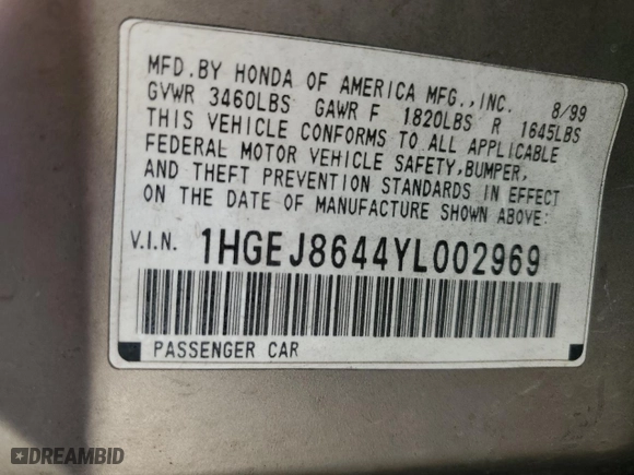 2000 Honda Civic EX with VIN 1HGEJ8644YL002969, listed as a Copart auction lot 50579605 with 301,229 mi miles and Salvage Title. Bid and sale history available at carsss.com. Image 12.