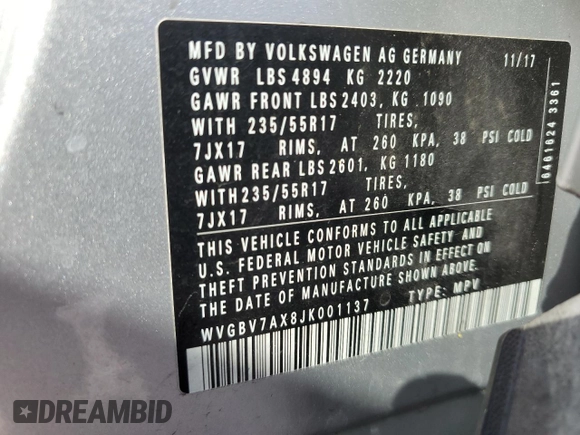 2018 Volkswagen Tiguan with VIN WVGBV7AX8JK001137, listed as a Copart auction lot 48380965 with 61,131 mi miles and Non Repairable. Bid and sale history available at DreamBid. Image 14.