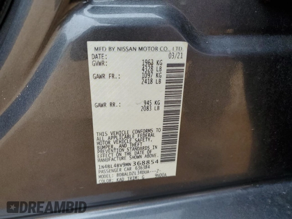2021 Nissan Altima 2.5 S with VIN 1N4BL4BV9MN368854, listed as a Copart auction lot 47928995 with 80,963 mi miles and Salvage Title. Bid and sale history available at carsss.com. Image 14.