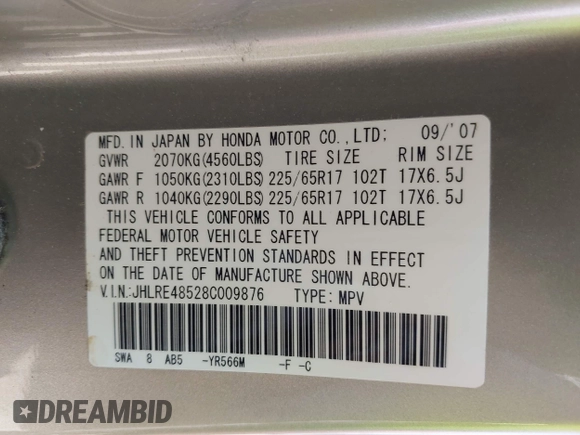 2008 Honda CR-V EX with VIN JHLRE48528C009876, listed as a IAAI auction lot 41950244 with 21,518 mi miles. Bid and sale history available at carsss.com. Image 9.