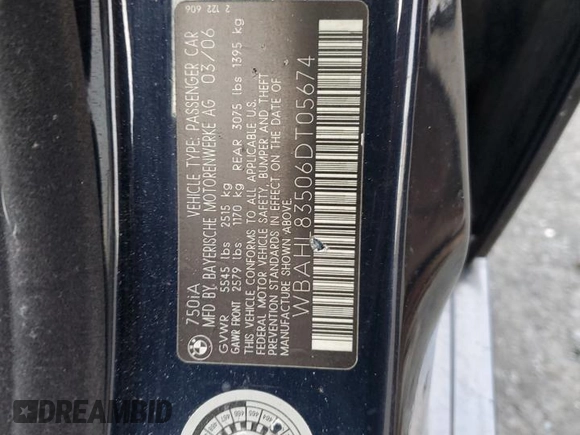 2006 BMW 7 Series 750i with VIN WBAHL83506DT05674, listed as a Copart auction lot 77176834 with 263,495 mi miles and Salvage title. Bid and sale history available at DreamBid. Image 12.