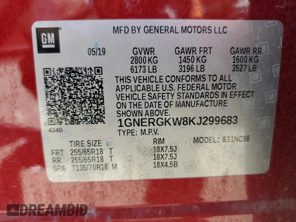 2019 Chevrolet Traverse LT Cloth with VIN 1GNERGKW8KJ299683, listed as a Copart auction lot 53115735 with 148,871 mi miles and Non repairable. Bid and sale history available at DreamBid. Image 13.