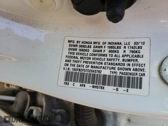 2012 Honda Civic LX z VIN 19XFB2F57CE043782, wystawiony jako Copart lot #52384305 z przebiegiem 170 544 mil mil oraz Szkoda całkowita • Salvage title. Historia ofert i sprzedaży dostępna na DreamBid. Obrazek 12.