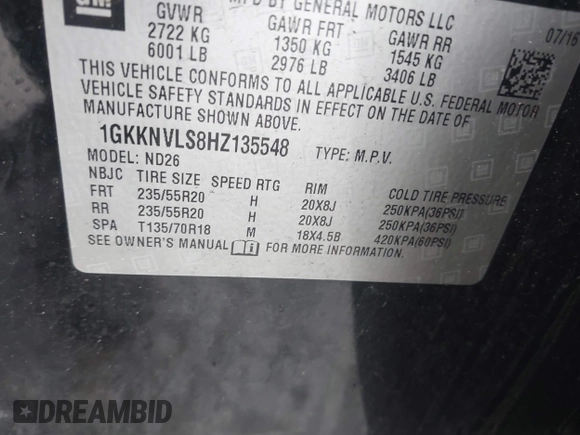 2017 GMC Acadia SLT z VIN 1GKKNVLS8HZ135548, wystawiony jako IAAI lot #42344002 z przebiegiem 98 569 mil mil oraz . Historia ofert i sprzedaży dostępna na DreamBid. Obrazek 9.