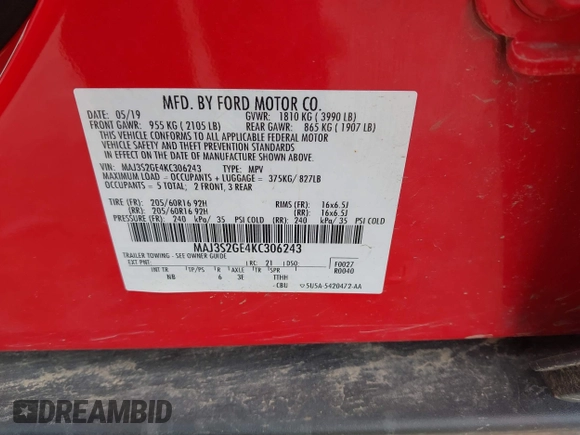 2019 Ford EcoSport SE с VIN MAJ3S2GE4KC306243, выставлен на аукционе IAAI как лот 42140275 с пробегом 60 914 миль миль и . История ставок и продаж доступна на DreamBid. Изображение 9.